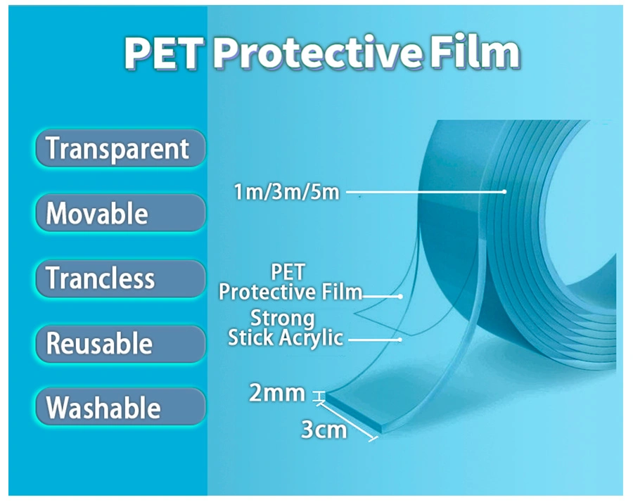 Transparent Double Sided Nano Tape - Reusable, Waterproof, and Cleanable No Trace